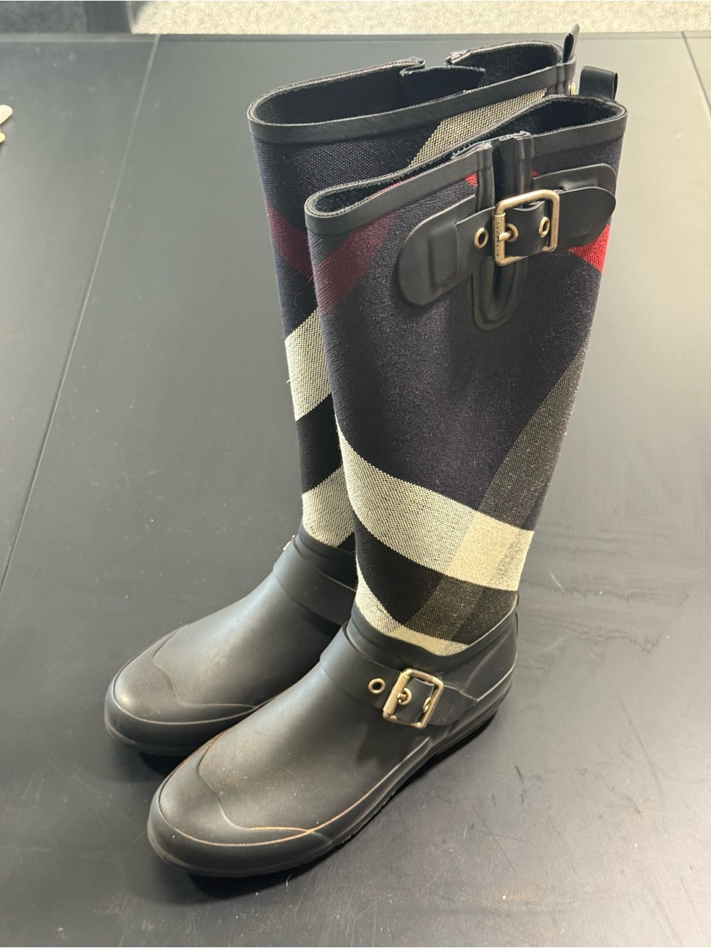 Authentic Burberry Black, Beige & Red Plaid Tall Rain Bootstt